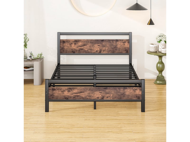  Cadre de lit, lit double 140x190 cm, rangement intégré, métal et bois brun antique, sommier à lattes  - Conforama W