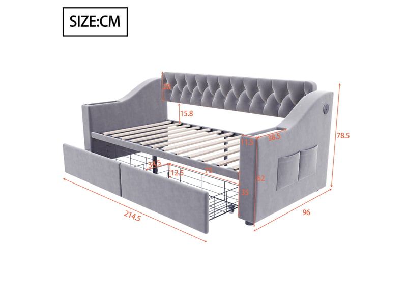  Lit canapé velours gris clair 90x190 cm avec accoudoirs usb, rangements et tiroirs  - Conforama C
