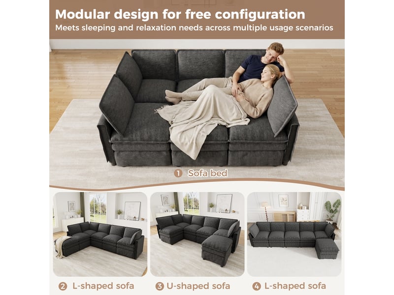  Canapé modulable xxl 6 places en tissu chenille gris avec pouf amovible  - Conforama E