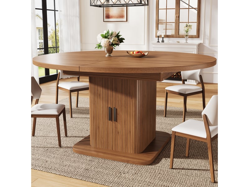 Table à manger extensible 110-149,8 x 110 x 75 cm avec colonne de rangement à portes coulissantes, finition noyer ou noir. - Conforama B