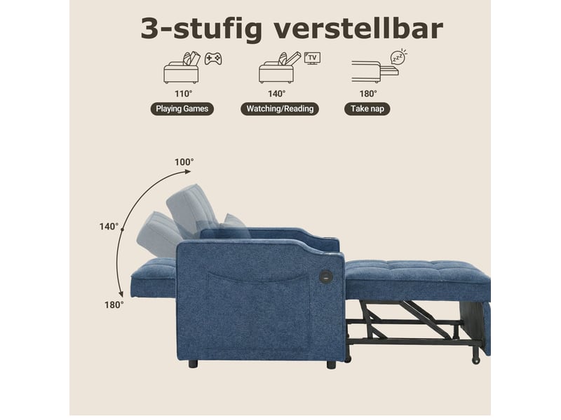  Canapé convertible 3 en 1 avec dossier inclinable, ports usb et poches latérales, en tissu et bois bleu marine  - Conforama E