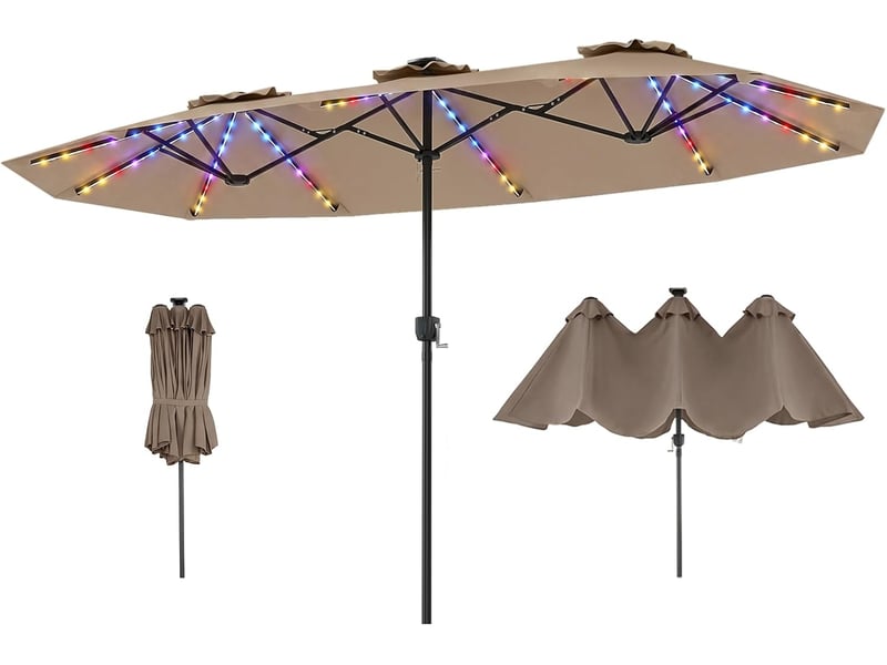  3,8m grand parasol double avec 3 toits, parasol de jardin exterieur avec manivelle, large zone d'ombre, bonne protection solaire (3,8x2mxled,marron)  - Conforama A