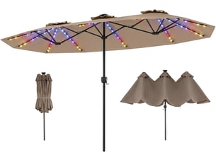 3,8m grand parasol double avec 3 toits, parasol de jardin exterieur avec manivelle, large zone d'ombre, bonne protection solaire (3,8x2mxled,marron)