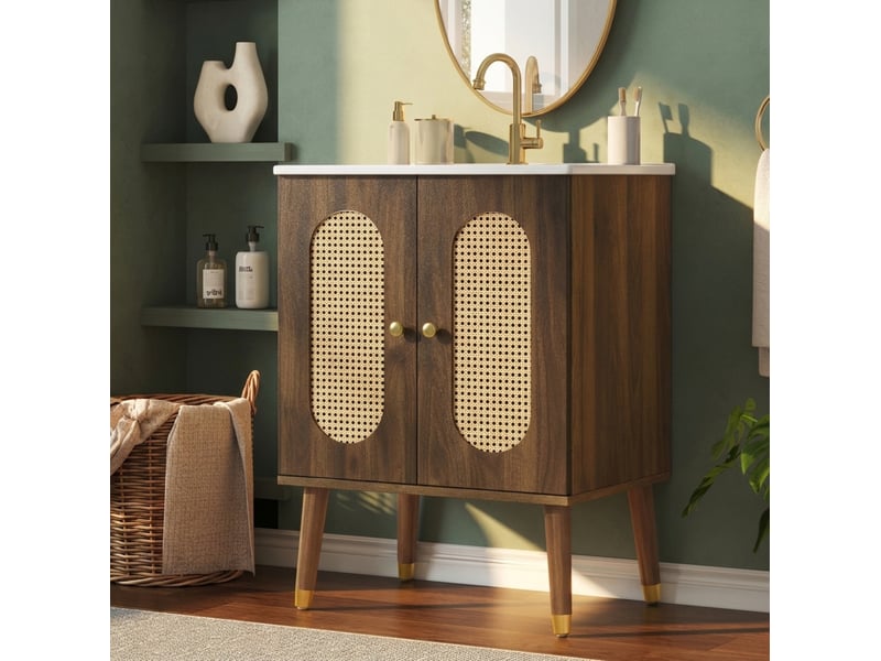 Meuble sous vasque avec 2 portes en rotin, 2 étagères fixes et vasque en céramique, noyer, 61 × 47 × 89 cm  - Conforama B