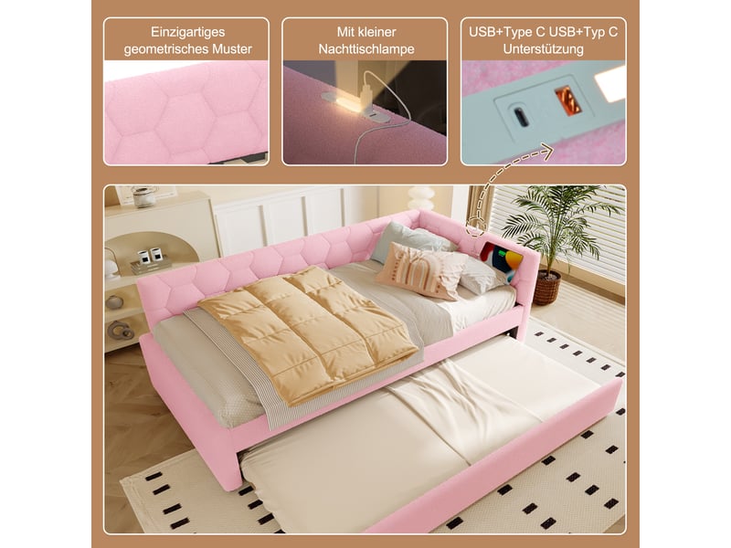  Lit banquette tissu bouclette 90x200 rose avec lit gigogne, lampe de chevet et ports usbtype-c  - Conforama D