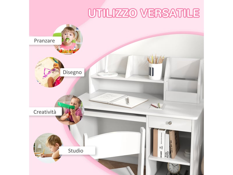 Bureau enfant avec chaise blanc 90 x 45 x 90 cm, rangements et tablette coulissante - Conforama W