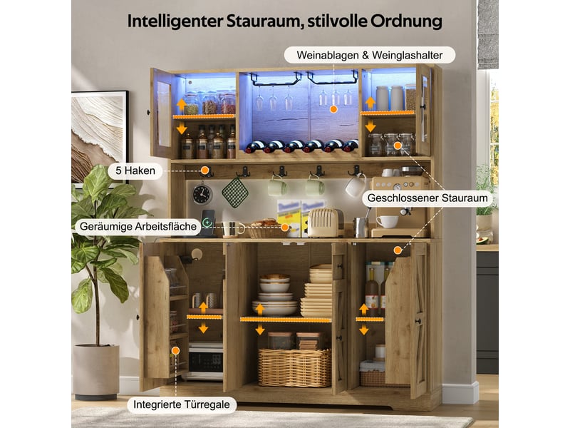 Buffet haut de cuisine 140x40x173 cm avec led rgb, 2 prises, 2 usb, casier à vin, porte-verres, portes acrylique, étagères réglables, mdf naturel  - Conforama E