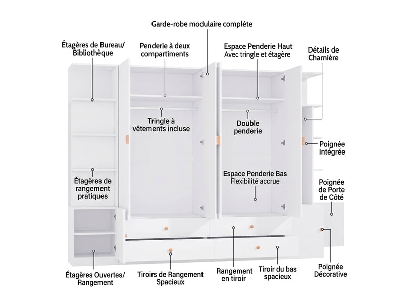  Armoire penderie 90x50x200 cm 4 portes blanche et chêne avec tiroir à bijoux  - Conforama E