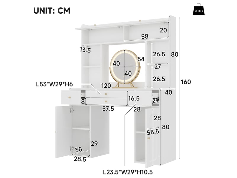  Coiffeuse 120 x 40 x 160 cm blanche, mdf, verre et bambou, miroir rond éclairé, quatre tiroirs et rangements  - Conforama C