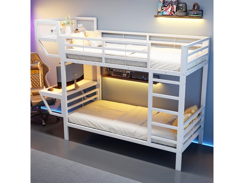Lit superposé - 90x200 cm - bureau intégré - sommier à lattes - rangements intégrés - structure métal - lit enfant - blanc CozyNest - Conforama C