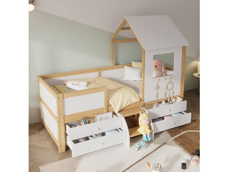  Lit enfant mi-hauteur 90x200 cm forme maison avec 4 tiroirs, blanc et naturel  - Conforama C
