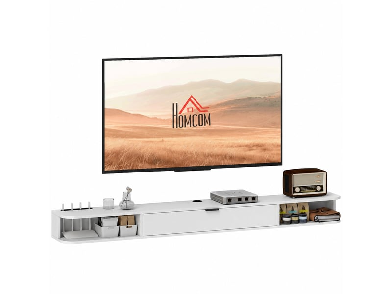  Meuble tv suspendu blanc pour téléviseur jusqu'à 75 pouces, abattant et 2 étagères, 180 x 24 x 16 cm  - Conforama A