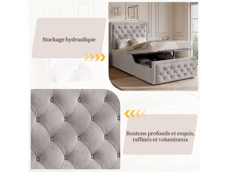  Lit enfant 90x200 lit coffre avec rangement velours gris sommier inclus  - Conforama D