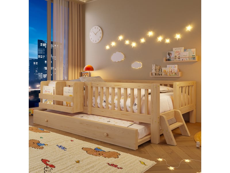  Lit enfant 90×200 cm, 1 place avec barrière et couchage gigogne - sans matelas - en bois massif - bois naturel  - Conforama B