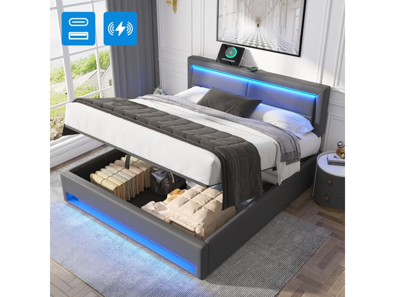  Lit coffre rembourré 160x200 cm gris en pu avec led, recharge usb et rangement  - Conforama E