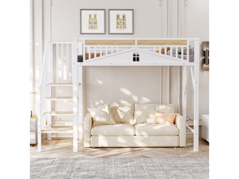  Lit mezzanine 90x200cm coloris blanc métal et bois massif lit enfant blanc - Conforama D