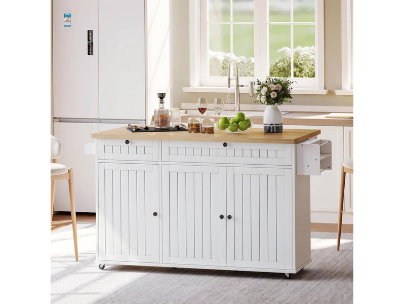 Îlot de cuisine mobile 137x70x89,5 cm blanc et naturel avec plateau rabattable - Conforama B