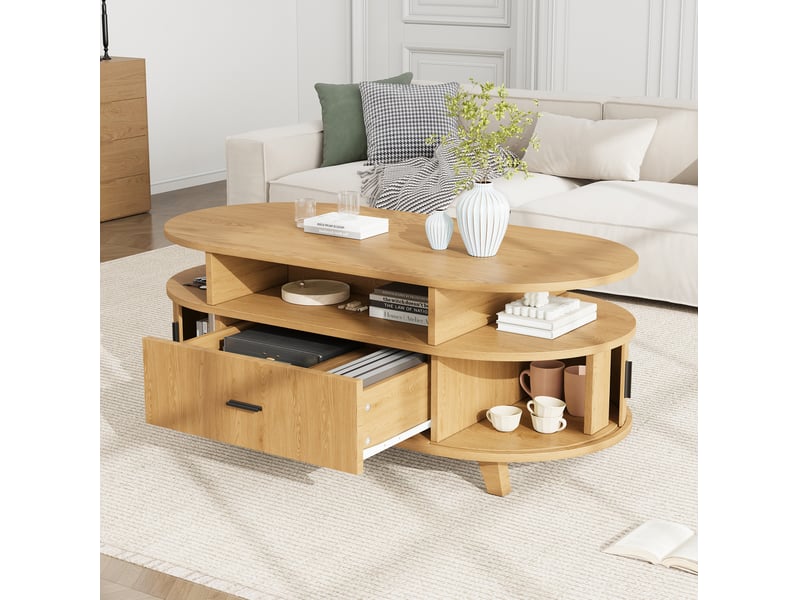  Table basse ovale 100x50x40 cm avec tiroir et portes à rideau, finition bois naturel  - Conforama C
