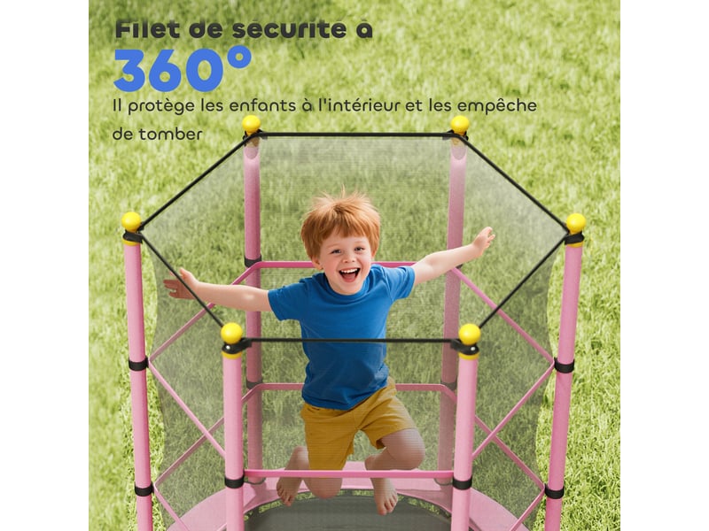  Trampoline enfant ø 1,40 × 1,90h m filet de sécurité porte zipée couvre-ressorts 6 poteaux rembourrés inclus rose  - Conforama W