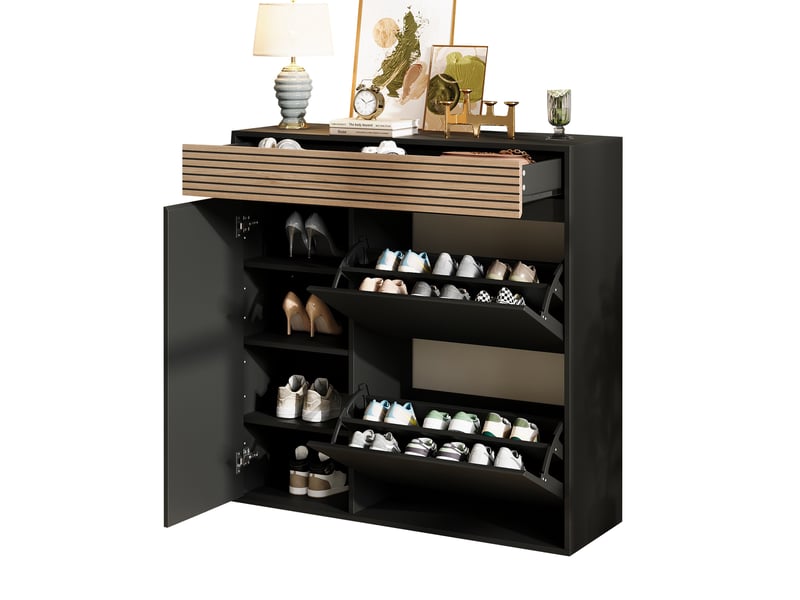  Meuble à chaussures - 100x35x105cm - 2 portes abattantes, 1 grand tiroir &amp; 1 placard avec charnières soft-close - noir &amp; bois  - Conforama A