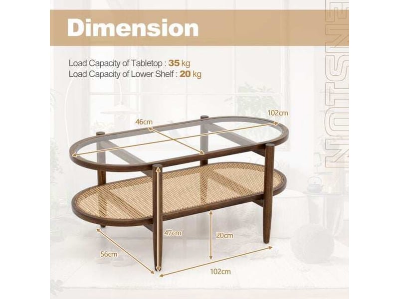  Rangement spacieux table basse 2 niveaux plateau verre trempé et étagère rotin pe cadre acacia 102x56x47 cm pour salon  - Conforama E