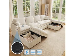 Canapé d'angle panoramique fixe <strong>HAUSS SPOLE</strong> <strong></strong> 6 places Coton / Lin beige avec coffre de rangement