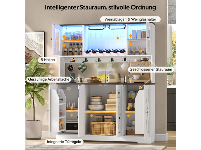  Buffet haut de cuisine 140x40x173 cm avec led rgb, 2 prises, 2 usb, casier à vin, porte-verres, portes acrylique, étagères réglables, mdf blanc  - Conforama E
