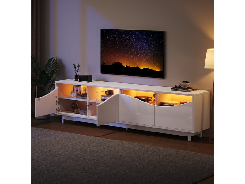  Meuble tv blanc laqué 175 cm avec led bluetooth, design incurvé et portes en verre trempé, pour écran jusqu'à 70 pouces  - Conforama C