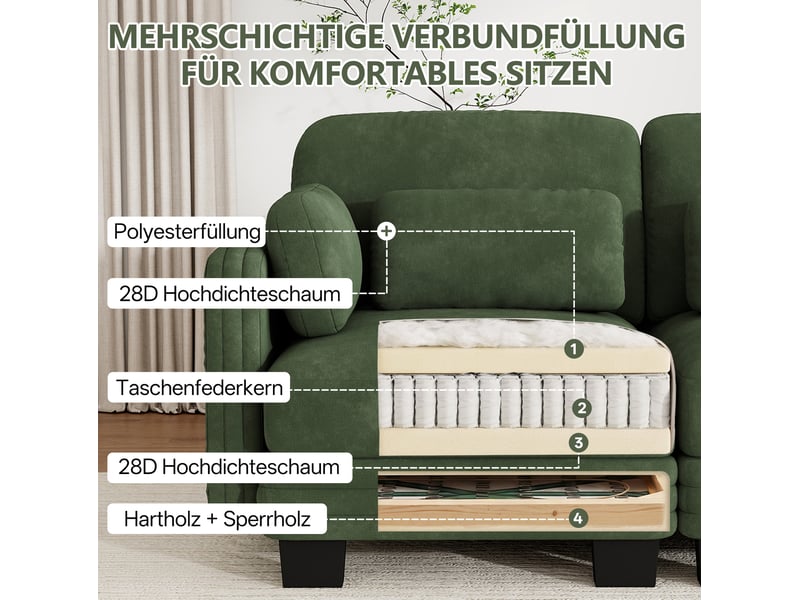  Canapé modulaire en u 4 places 330x143x88 cm, 2 poufs, assise large profonde, design ergonomique chenille vert  - Conforama E
