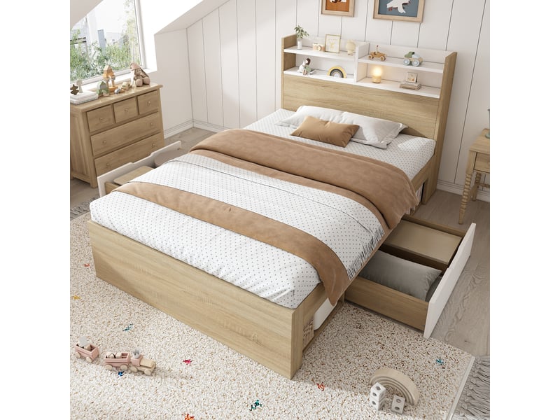  Lit simple 90 × 190 cm avec 2 tiroirs, 4 niches et tête de lit avec étagères, sans matelas, blanc et chêne  - Conforama B
