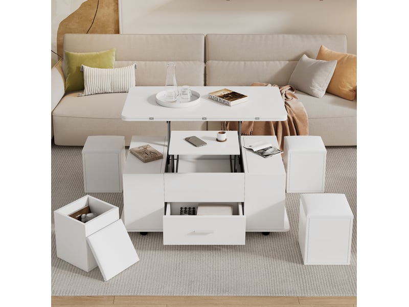  Table basse relevable avec 1 tiroir, espace ouvert, 4 tabourets de rangement et roulettes, pour salon, 100 × 50 × 45 cm  - Conforama B