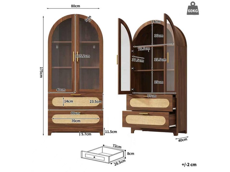 Vitrine 2 portes vitrées, 2 tiroirs, 3 étagères réglables, style rétro, en mdf décor bois, 80 × 40 × 175 cm - Conforama E