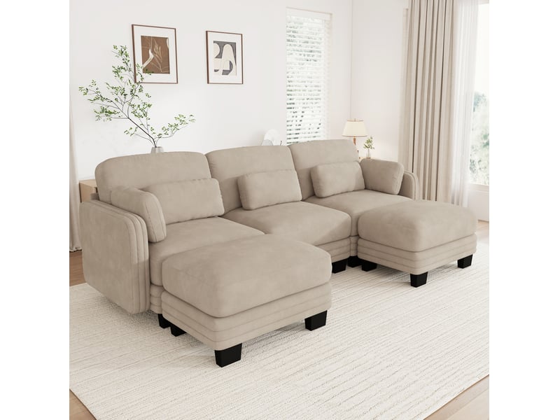  Canapé modulaire en u 3 places 253x143x88 cm, montage facile, confort multicouche, avec 2 poufs, tissu en chenille, café clair  - Conforama D