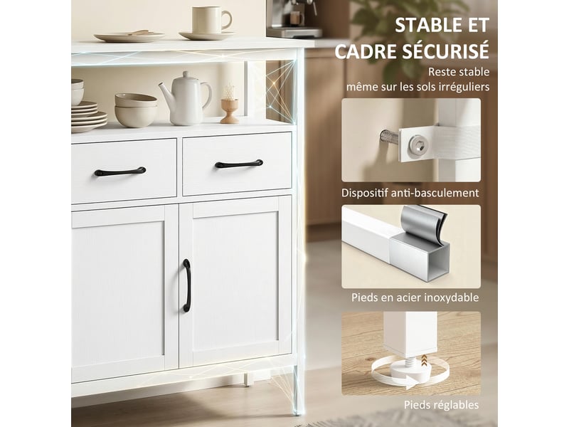  Buffet cuisine, meuble de rangement, 3 portes, 3 tiroirs, compartiment ouvert et étagères réglables, blanc, 95x35x88cm  - Conforama R