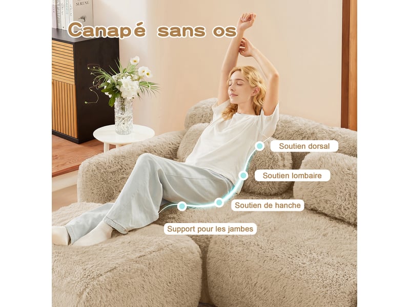  Canapé 2 places modulable 204x104x73 cm, sans cadre, mousse haute résilience, coussins, pour salon, tissu, kaki clair  - Conforama D