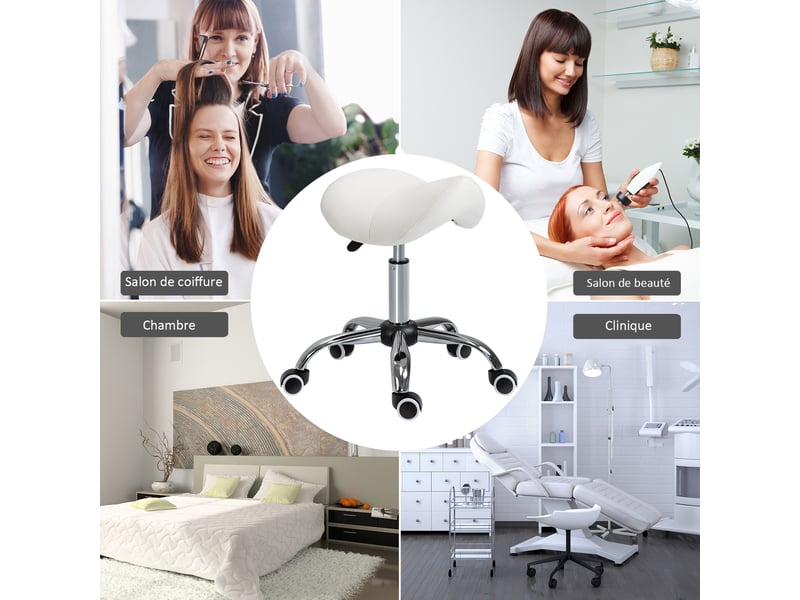  Tabouret à roulettes, tabouret de massage avec hauteur réglable 49-61 cm et selle ergonomique, pour salon de massage tatouage clinique spa, chaise de travail à roulettes pivotant 360°, blanc  - Conforama R