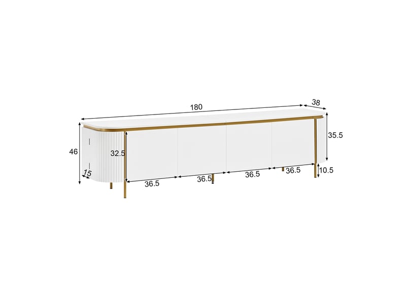 Meuble tv bas l180 cm, mdf et pieds en métal robuste, avec 6 portes, effet cannelé, relief, angles arrondis et passe-câbles, blanc  - Conforama E