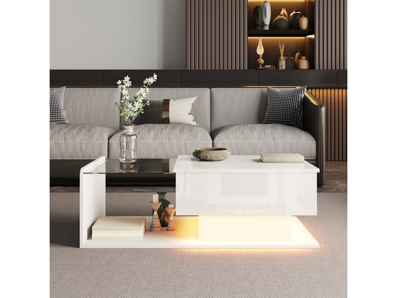  Table basse relevable 100x50cm avec verre trempé et led connectée | coffre et niche laqué brillant | charge 35kg - blanc  - Conforama D