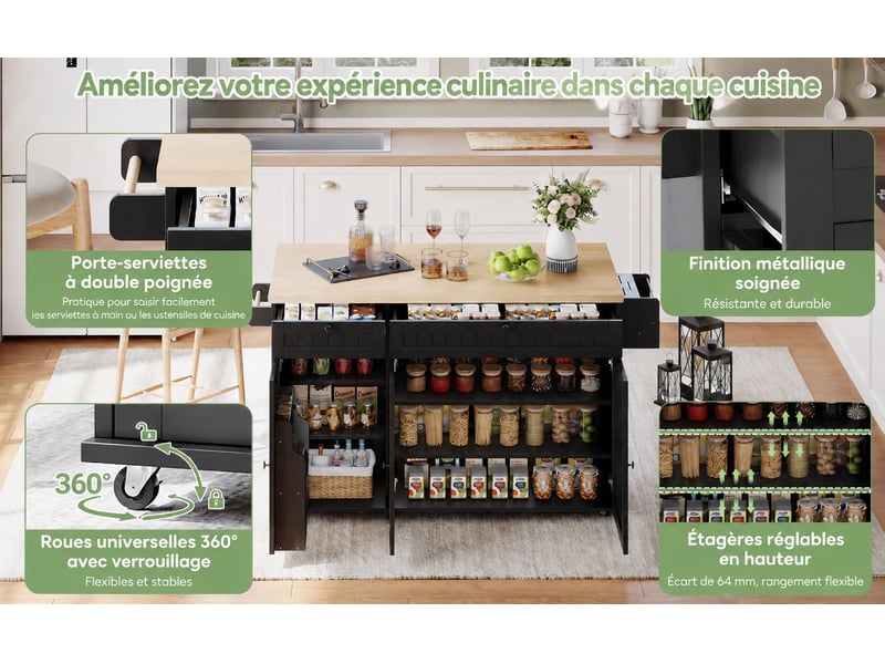 Îlot de cuisine mobile, plateau rabattable, 2 tiroirs, 3 portes, 137 x 70 x 89,5 cm, noir et naturel - Conforama C