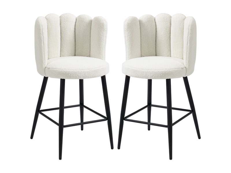  Lot de 2 chaises hautes tabourets de bar avec repose-pieds acier tissu effet laine bouclée hauteur 65 cm crème noir  - Conforama B