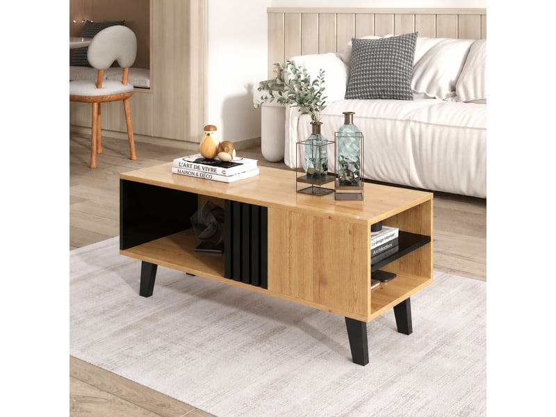  Table basse effet bois et noir avec rangements ouverts, 100 x 60 x 45 cm  - Conforama D
