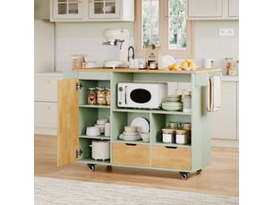 Îlot de cuisine mobile 120x70x91 cm vert, plateau rabattable, 2 tiroirs et roulettes verrouillables