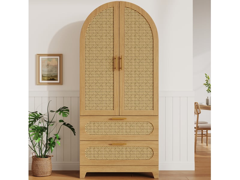  Buffet de cuisine haut avec étagères, 2 portes et 2 tiroirs, façades aspect rotin en pvc, 80 × 40 × 175 cm  - Conforama D
