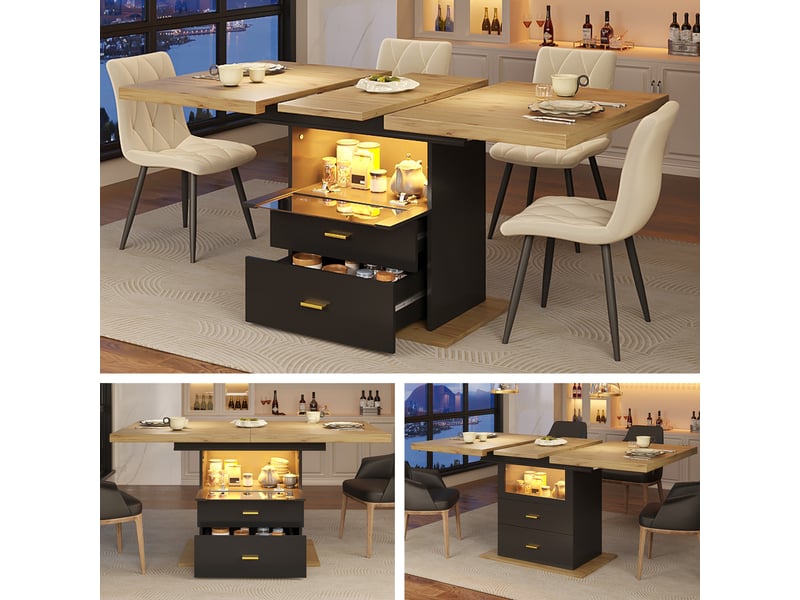  Table de cuisine rectangulaire avec allonge noir - 80x110-140max.cm led mdf table noir - Conforama B