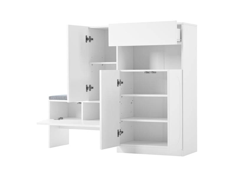  Meuble à chaussures 130x35x110 cm avec banquette rembourrée, abattant Soft-Close et étagères réglables - Blanc Fay Lum - Conforama D