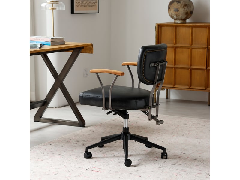  Chaise de bureau ergonomique réglable en hauteur, pivotante à 360° avec roulettes, accoudoirs en bois, cuir noir  - Conforama D