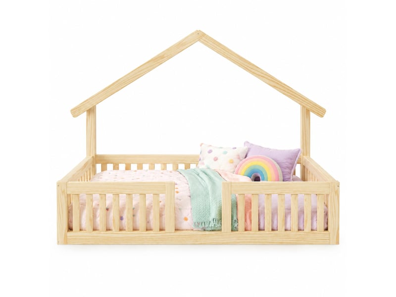  Lit enfant 90 × 200 cm avec barrière de sécurité et guirlande led, structure maison en bois naturel pour chambre  - Conforama A