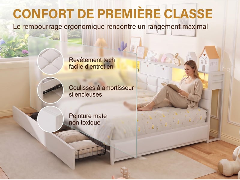  Lit 2 places 140 x 200 cm – lit adulte - éclairage led – ports usb –  2 tiroirs - sommier à lattes - espace de rangement sous le lit - lin beige  - Conforama D