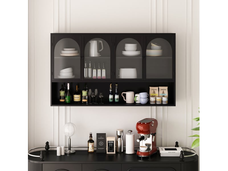  Armoire murale 120 cm, 4 portes, rangement vertical, pour cuisine, salon et salle de bain, en métal noir et verre gris  - Conforama D