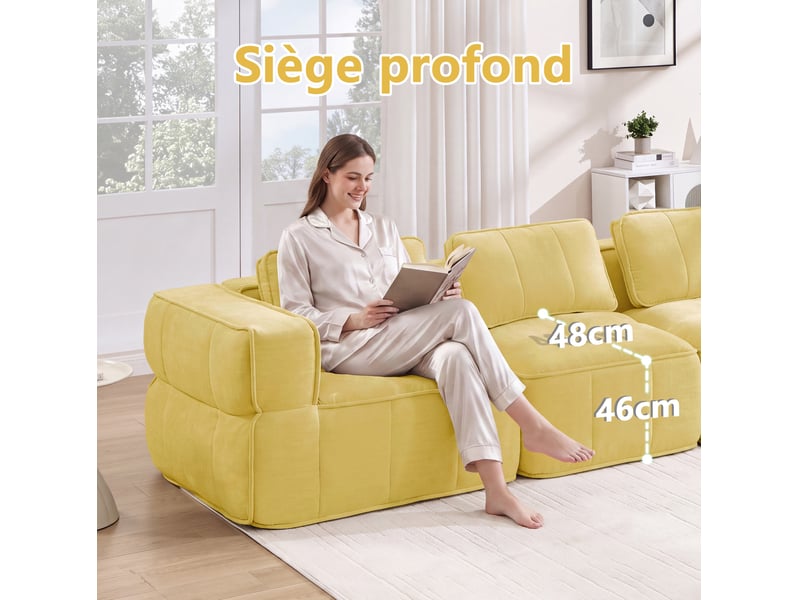  Canapé modulable en u 3 places avec 2 poufs, en polyester jaune  - Conforama D